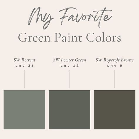 ✨My top 3 green paint colors for 2024 This year was all about the greens and around here it’s pretty much a neutral, we love it so much! My favorite shades in order from lightest to darkest: - @sherwinwilliams Retreat with an LRV of 21. This is the “infamous” green wall behind me in all of my stories. I get asked what color my wall is atleast a dozen times a month. For good reason, it’s still a green with lots of depth but isn’t too dark - @sherwinwilliams Pewter Green with an LRV of 12.... Modern Green Paint Colors, Pewter Green Sherwin Williams Exterior, Grey Green Exterior House Paint, Deep Green Paint Colors, Grey Green Paint Color, Neutral Green Paint Colors, Pewter Green Sw, Sherwin Williams Green, Green Grey Paint