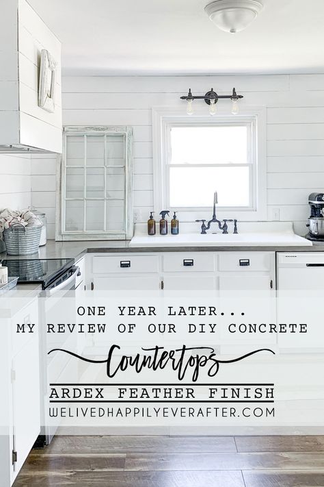 Review Of Our DIY Ardex Feather Finish Concrete Countertops- One Year Later & FAQ's | We Lived Happily Ever After Ardex Feather Finish, Feather Finish Concrete Countertops, Feather Finish Concrete, Cement Countertops, White Cabinets White Countertops, Slate Countertop, Concrete Countertops Outdoor Kitchen, Concrete Countertops Over Laminate, White Concrete Countertops