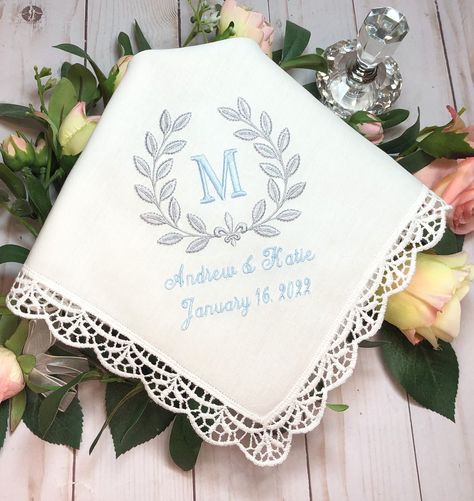 Add a touch of sentiment and style to the bride's big day with our personalized wedding handkerchief 💍💙 A perfect 'something blue' and keepsake for the special occasion 🎀 Give the gift of monogrammed elegance with our FR6 handkerchief, now selling for $28.95 💕 #bridal #weddinghandkerchief #personalizedgift #somethingblue #monogrammed #bridalgift #weddingaccess Bride Something Blue, Handkerchief Embroidery, Something Blue For Bride, Monogrammed Handkerchiefs, Wedding Hankerchief, Personalized Handkerchief Wedding, Embroidered Hankies, Embroidered Handkerchief Wedding, Handkerchief Wedding