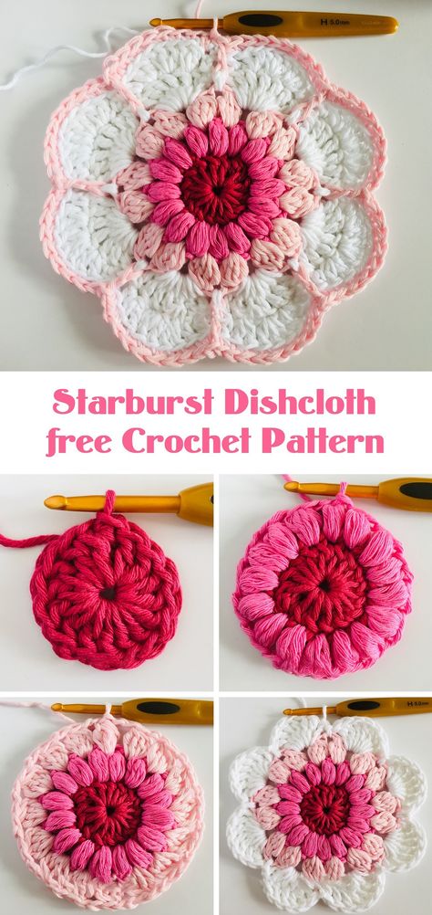 Starburst dishcloth free crochet pattern. Crochet Starburst, Yarn Clothes, Potholder Patterns, Blanket Diy, Crochet For Home, Granny Squares Pattern, Granny Square Crochet Pattern, Crochet Round, Crochet Home