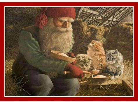 Elves And Fairies, Fairy Friends, Fairies Elves, Cat Feeding, Magical Creatures, Christmas Gnome, Christmas Cats, Fairy Tale, Cat Art