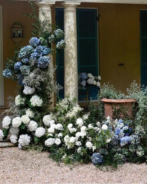 Blue And White Wedding Aisle Flowers, Blue And White Aisle Arrangements, Delphinium Wedding Aisle, Blue Hydrangea Arch Wedding, Blue And White Floral Arch, Pokemon Wedding, Wedding Nautical, Blue Hydrangea Wedding, Bush Wedding