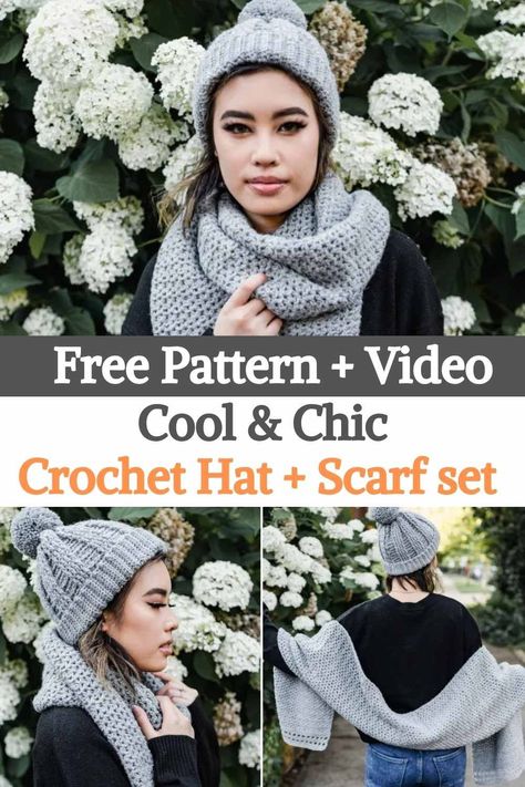 Knit Hat And Scarf Set Pattern, Matching Hat And Scarf Crochet Pattern, Tl Yarn Crafts, Crochet Stitches Free, Hat And Scarf Sets, Crochet Knit Hat, Crochet Hat Free, Crochet Set, Crochet Hats Free Pattern