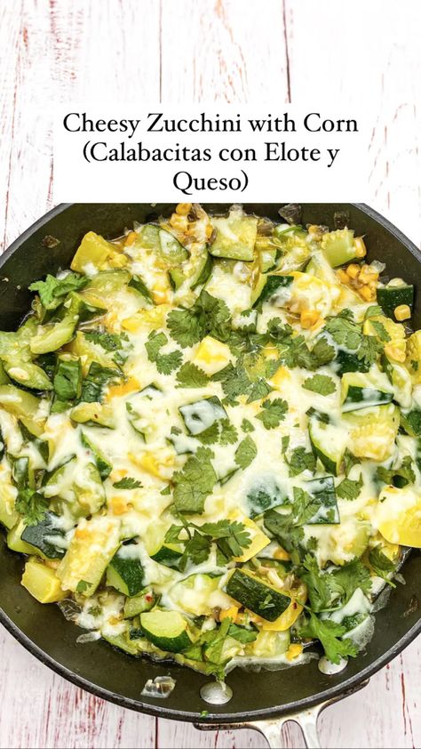 Zucchini, or in Spanish Calabacitas, are widely eaten in Mexico, especially during the summertime. This is a low carb recipe and you can even modify how much cheesy, if any, you put in it. I totally encourage you to modify to your liking, Calabacitas Recipe, Mexican Zucchini, Cilantro Parsley, Zucchini Corn, Dinner Recipes Healthy Family, Latin Recipes, Recipe Mexican, Mexican Meals, Corn Cheese