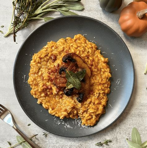 Pumpkin Risotto with Pancetta and Sage Butter Mushrooms Sage Brown Butter, Pumpkin Dish, Butter Mushrooms, Crispy Pancetta, Savory Pumpkin, Pumpkin Risotto, Pumpkin Dishes, Sage Butter, Brown Butter