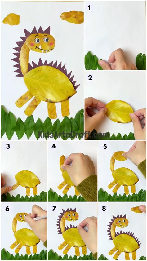 Dinosaur Leaf Art, Animals With Leaves Leaf Art, Autumn Dinosaur, Leaves Tutorial, Dinosaur Craft, Car Costume, Diy Dinosaur, Create An Animal, Animal Craft