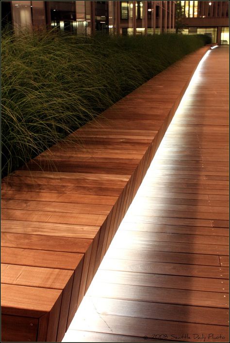 Bench Lighting, Grass Planting, Night Shot, Backyard Lighting, Deck Lighting, Design Exterior, Wooden Bench, Roof Garden, Deck Design