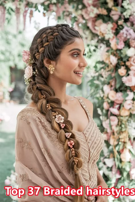 Explore the beauty of Indian braided hairstyles that blend tradition with modern flair. This enchanting double braid adorned with flowers is perfect for weddings, festivals, or casual outings. Detailed weaving techniques highlight the elegance of your hair, making it a mesmerizing choice for any occasion. Get inspired to embrace your roots and elevate your style with this stunning look! Braid Hairstyle Indian Wedding, Braids Indian Hairstyles, Flower Hairstyles Indian, Indian Braided Hairstyles, Flower Hairstyles, Flower Braids, Double Braid, Protective Style, Braided Hairstyles For Wedding