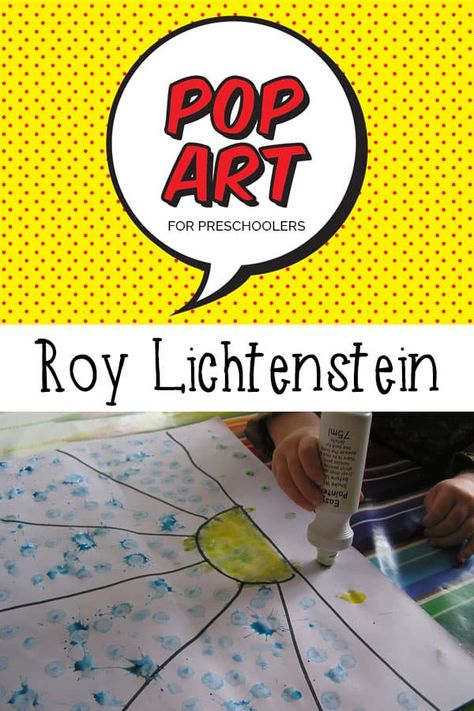 Simple Pop Art Art activity for preschoolers and Kindergarten aged children inspired by the modern paintings by Roy Lichtenstein. Art Activity For Preschoolers, Art For Preschoolers, Pop Art For Kids, Activity For Preschoolers, Kindergarten Projects, Camp Theme, Kids Canvas Art, Artist Study, Montessori Art