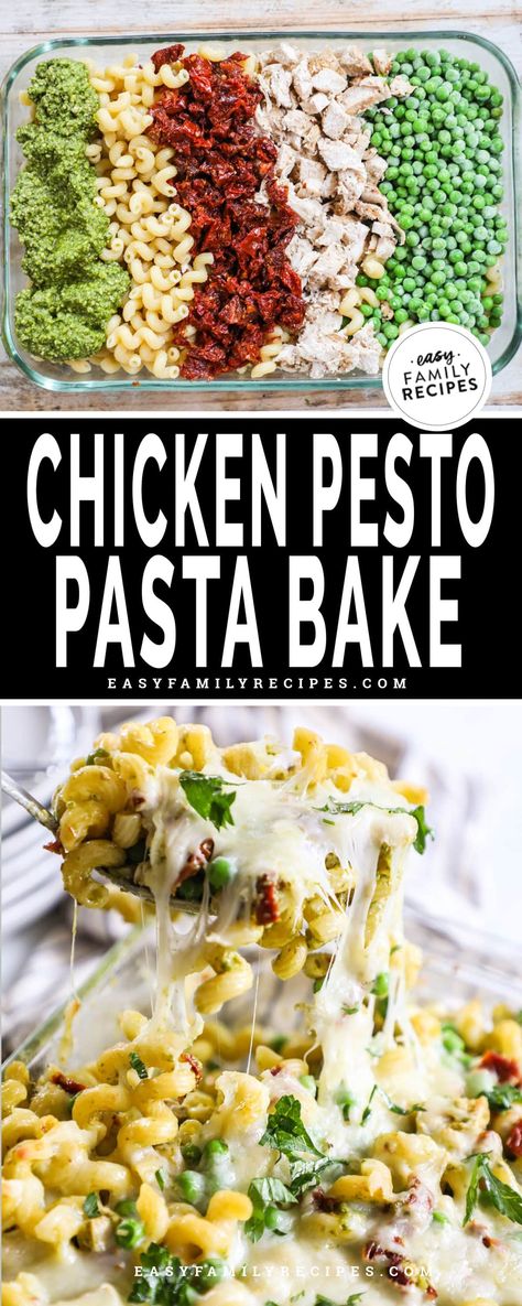 An AMAZING, quick dinner idea with tons of yummy flavor! Everyone will devour every bite when you make this pesto chicken pasta bake, it’s a fantastic, EASY family dinner recipe for the busiest of weeknights! Sun dried tomatoes, cream, and basil pesto are mixed with pasta and chicken to make a weeknight meal that even kids will love. It’s easy to customize this baked chicken pesto pasta with your favorite veggies too, so you can feel good about serving a complete meal with stress-free prep! Chicken Pesto Veggies, Pesto Chicken With Tomatoes, Chicken Pesto Ricotta Pasta, Pesto Chicken Broccoli Pasta, Pesto Rotisserie Chicken, Pesto Chicken Pasta Crockpot, Leftover Pesto Chicken Recipes, Pesto Casserole Recipes, Pesto Pasta Casserole