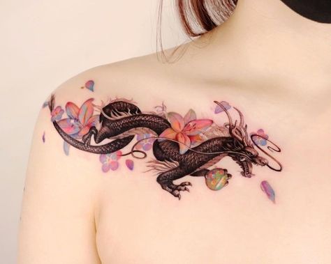 Dragon Tattoo Cover Up Ideas, Dragon Tattoo Placement, Dragon Shoulder Tattoo, Tattoo Ideas Hand, Dragon Tattoo With Flowers, Dragon Hand Tattoo, Dragon Thigh Tattoo, Tattoo Zone, Dragon Tattoo Ideas