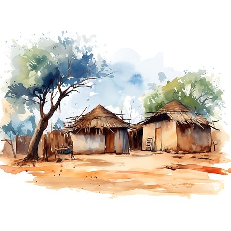 Aesthetics House, Cottage Drawing, Watercolor Cottage, Background Aesthetics, Hut House, Mud House, Painting Reference, Painting Pictures, Indian Village