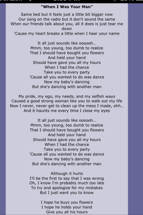 Bruno Mars's song "when i was your man" lyrics <3 this song so muchhh!! Full Lyrics To Songs, Full Songs Lyrics, Free Song Lyrics To Use, When I Was Your Man Lyrics, Bruno Mars Songs Lyrics, Bruno Mars Lyrics, When I Was Your Man, Full Song Lyrics, Free Song Lyrics