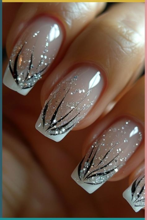 Nail Art Glitter Sparkle, Elegant Nail Art, Fancy Nails Designs, White Nail Art, Pretty Nail Art Designs, White Nail Designs, Best Nail Art Designs, Black Nail, Trendy Nail Art