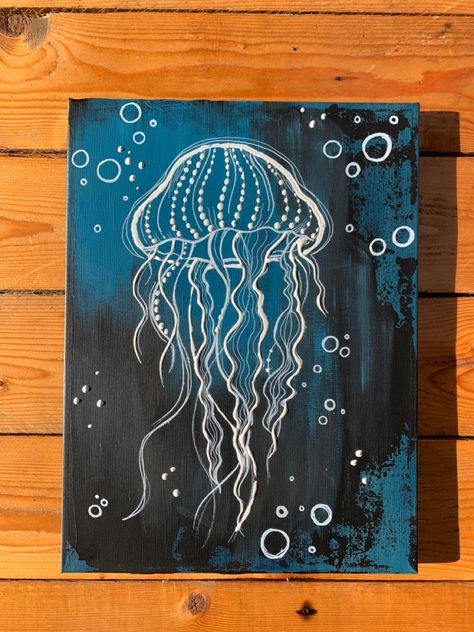 Things To Draw Paint, Canvas Painting Ideas Jellyfish, Cute Jellyfish Painting, Jelly Fish Painting Black Canvas, How To Paint Jellyfish Acrylic, Simple Jellyfish Painting, Long Canvas Ideas, Cute Animals To Paint, Ocean Painting Ideas On Canvas