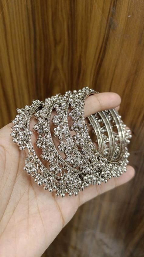 Silver Jewellery Indian Bangles, Churiyan Bangles Aesthetic, Desi Bangles Aesthetic, Silver Bangles Aesthetic, Indian Bangles Aesthetic, Silver Aesthetic Jewelry, Desi Bangles, Aesthetic Bangles, Ghungroo Bangles