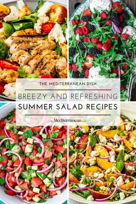 Best summer salad recipes with bean salad, fruit salad, berry salad, peach salad and more! Find your favorite salad to make all season long. The Mediterranean Dish Recipes, Best Summer Salad Recipes, Mediterranean Bean Salad, Summer Salad Ideas, Mediterranean Salads, Grilled Salmon Burgers, Cabin Decorations, Stone Fruit Salad, Grilled Romaine Salad