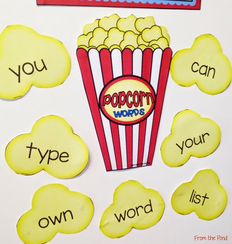 From the Pond: Editable Popcorn Words Wall for Sight Words Popcorn Sight Words Printables, Popcorn Words Printable, Popcorn Words Kindergarten, Kindergarten Assessment Binder, Sight Word Wall, Junior Kindergarten, Popcorn Words, September School, Popcorn Containers