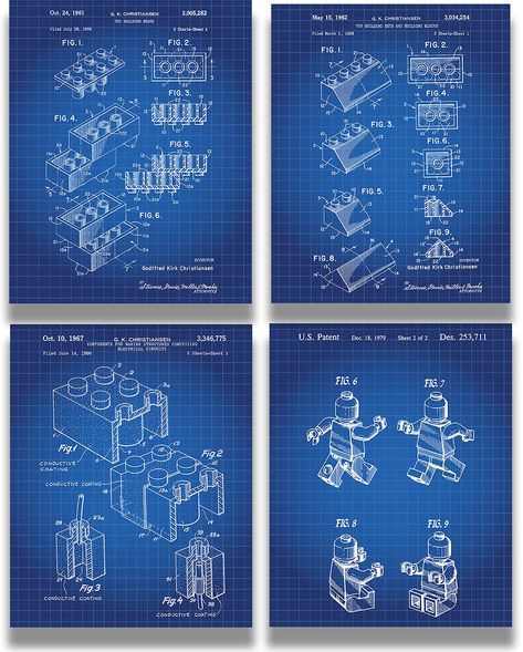 PRICES MAY VARY. GREAT WALL DECOR IDEA for a toy store, kid's bedroom, play room, toy room or even in a mancave. HIGH QUALITY PRINTS that are cool birthday, housewarming or holiday gifts to give your friends and relatives who love playing with Legos. UNIQUE & EYE-CATCHING - This 4-piece set of unframed Lego patents wall art decor prints makes an interesting design statement and adds character anywhere it is displayed. GREATER LONGEVITY - Printed on Fuji Crystal Archive Paper for a lifetime of en Lego Bedroom Decor, Lego Patent, Lego Wall Art, Lego Bedroom, Lego Wall, Wall Art Decor Prints, Decor Prints, Toy Rooms, Kitchen Wall Art