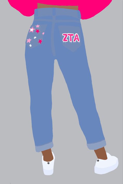 Sorority Painted Jeans, Zeta Tau Alpha Graphic, Sorority Paintings, Painted Overalls, Sorority Themes, Door Decs, Sorority Designs, Zeta Tau Alpha, Big Little Reveal