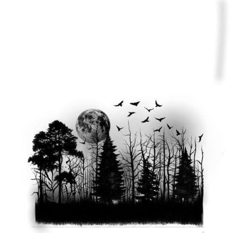 Forest Line Tattoo, Spooky Forest Tattoo, Creepy Forest Tattoo, Forest Landscape Tattoo, Forest Tattoo Stencil, Dark Forest Tattoo Design, Forest Tattoo Design Drawing, Forest Silhouette Tattoo, Forest Tattoo Ideas