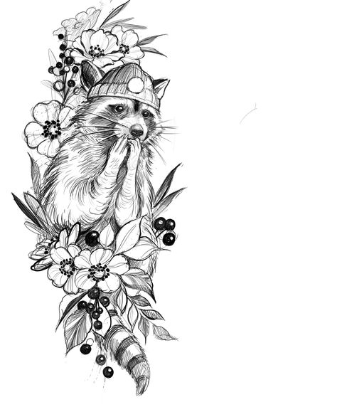 Raccoon With Flowers Tattoo, Forest Animal Tattoos For Women, Animal Floral Tattoo, Woodland Animal Tattoo, Cute Raccoon Tattoo, Small Raccoon Tattoo, Forest Animal Tattoo, Floral Animal Tattoo, Raccoon Tattoos