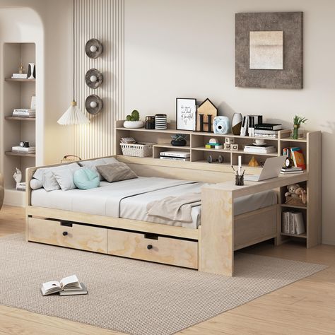 PRICES MAY VARY. 🧸[Multifunctional design] This bed boasts a multifunctional design that is tailored to meet various needs. With its multi-layer storage shelves on the side, two spacious drawers at the bottom, and a study desk at the foot of the bed. The bed is designed with a modern aesthetic, featuring clean lines and sleek finishes that effortlessly complement various bedroom styles. 🧸[Bed Frame with Study Desk] This bed comes with a unique feature - a study desk at the foot of the bed. Tra Full Size Daybed, Wooden Daybed, Sofa Bed Frame, Daybed Bedding, Coastal Dining, Wood Daybed, Bookcase Headboard, Daybed With Storage, Built In Desk