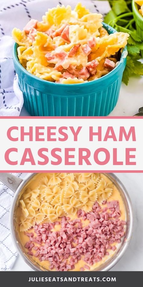 Ham Casserole is the perfect combination of cheese, bow tie pasta and ham! It's perfect for when you have leftover ham you need to use up or if you want a quick and easy dinner that's comforting! #ham #casserole Ham And Cheese Bowties, How To Use Up Ham, Easy Recipes With Leftover Ham, Cheesy Ham Pasta, Ham And Cheese Noodle Casserole, Slice Ham Recipes Dinners, Diced Ham Recipes Easy, Ham And Ravioli, Quick Ham Recipes