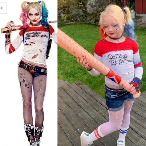 Harley quinn Diy costume Halloween Harley Quinn Kids Costume Diy, Harley Quinn Costume Kids, Harley Quinn Costume Ideas, Original Harley Quinn, Harley Quinn Diy, Maquillage Harley Quinn, Girls Harley Quinn Costume, Harley Quinn Costume Diy, Diy Girls Costumes