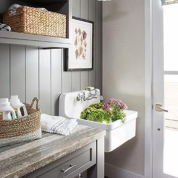 Laundry Room with Horizontal Shiplap Wall - Transitional - Laundry Room Vintage Wall Mount Sink, Cottage Laundry, Gray Cottage, Cottage Laundry Room, Grey Laundry Rooms, White Laundry Rooms, Laundry Room/mud Room, Vintage Laundry Room, White Laundry