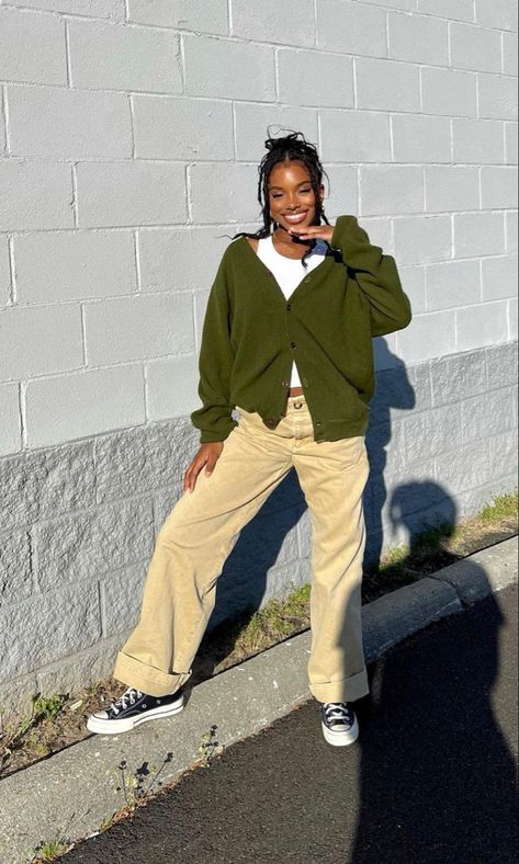 @bby.bruh on Instagram. Brown Black And Green Outfit, Mammoth Crocs Outfit, Conservative Streetwear, Black Women In Brown Outfits, Smart Casual Black Women, Fall Earthy Outfits, Earthy Tone Outfits, Bby Bruh, Green Is My Favorite Color