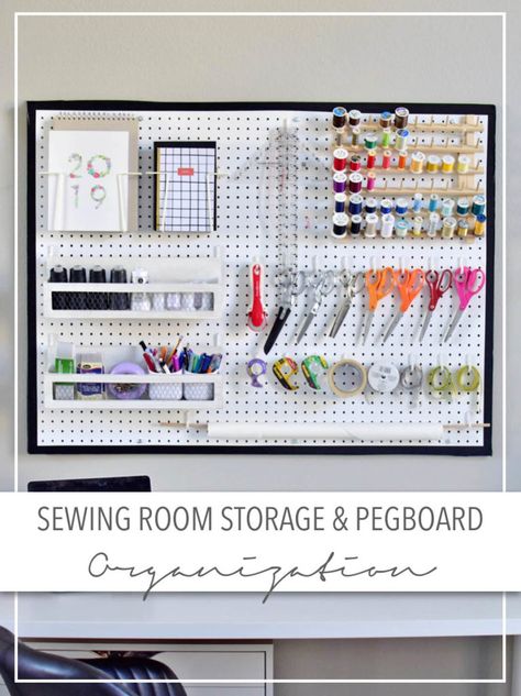 Sewing Room Storage and Pegboard Organization • theStyleSafari Understairs Pantry, Pegboard Room, Sewing Room Ideas, Pegboard Craft Room, Pegboard Display, Pegboard Storage, Ikea Organization, Pegboard Organization, Sewing Room Storage