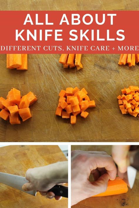 Learn all about basic knife skills and safety in this guide. From how to properly hold a chefs knife, to 'basic cuts', and more, you'll leave feeling confidant in trying out your new skills in the kitchen. Knife Skills Tutorials, Culinary Basics, Basic Knife, Pizza Wraps, Knife Skills, Chefs Knife, Knife Skill, Kitchen Skills, Food Garnishes