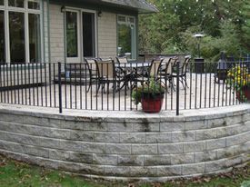 Raised Concrete Deck, Outdoor Fire Pit Area, Concrete Patio Makeover, Patio Railing, Concrete Deck, Raised Patio, Patio Deck Designs, House Backyard, Fire Pit Area