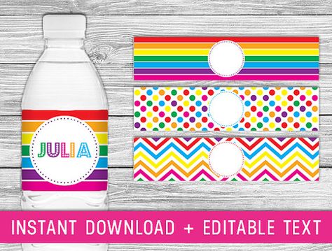 Printable Rainbow Water Bottle Labels Pastel Baby Shower Decorations, Birthday Printables Free, Water Bottle Labels Free Printables, Pastel Birthday Decor, Rainbow Labels, Free Printable Rainbow, Water Bottle Labels Free, Rainbow Birthday Decorations, Rainbow Party Favors