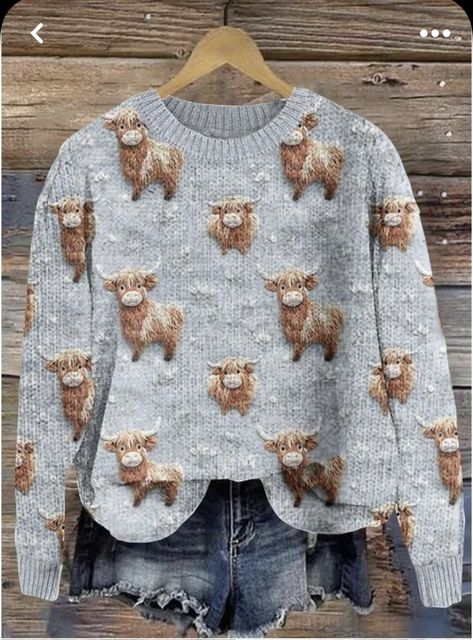 Casual Knitted Sweater, Highland Cow Print, Buy Sweaters, Scarf Women Fashion, Loose Long Sleeve, Knitted Pullover Sweaters, Printed Sleeves, Highland Cow, Cow Print