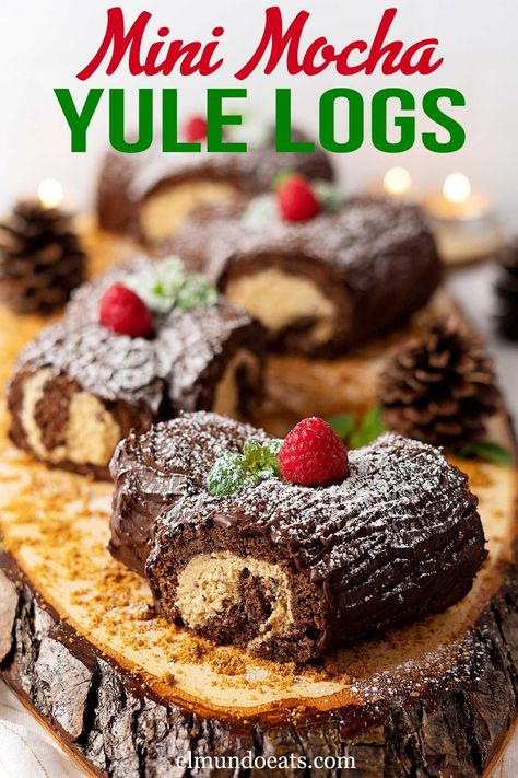 These mini mocha yule log cakes have super tender chocolate cake rolled with cream cheese coffee filling and coated with chocolate ganache. Visit elmundoeats.com for more recipes like this. Mocha Yule Log, Christmas Log Cake, Coffee Filling, Log Cakes, Yule Log Recipe, Yule Logs, Chocolate Roll Cake, Yule Log Cake, Cake Roll Recipes