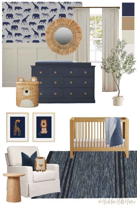 Safari themed baby boys nursery decor mood board with navy blue tones! Cute baby boys nursery decor ideas Navy Nursery Neutral, Blue Gender Neutral Nursery, Navy Blue Nursery Boy, Blue Safari Nursery, Baby Boy Animal Nursery, Baby Boy Nursery Room Design, Vintage Nursery Boy, Safari Nursery Boy, Navy Nursery Boy