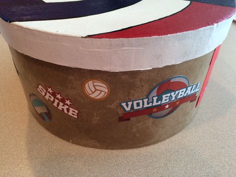 Volleyball Valentine Box - This is the lide of a paper mache from craft store. The lid is painted with acrylic paint and covered with Modge Podge spray. There is a hole cut on the side of box and the bottom of the box was decorated with volleyball stickers. Volleyball Valentines Day Boxes, Volleyball Valentines, Valentines Day Boxes, Volleyball Stickers, Volleyball Ideas, Sand Volleyball, Valentine Boxes, Valentines Box, Valentine Day Boxes