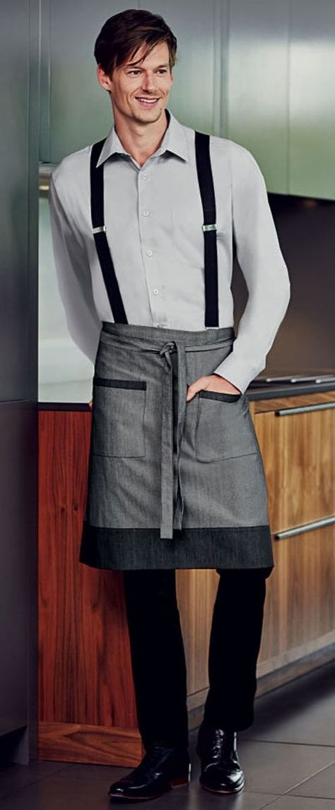 Denim Short Apron with Pockets, Grey Waitstaff Uniform, Bar Uniform, Bartender Outfit, Waiter Uniform, Chef Aprons, Restaurant Uniforms, Hotel Uniform, Chef Wear, Hospitality Uniform