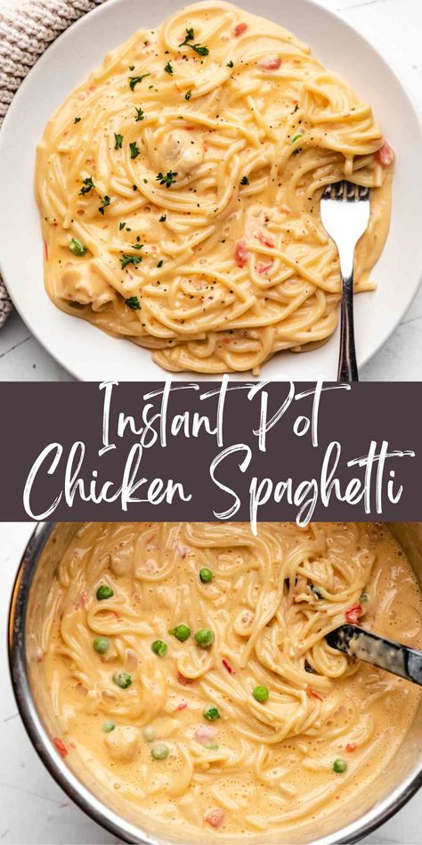 Instant Pot chicken spaghetti is a quick and easy, cheesy spaghetti recipe. This simple recipe takes a few pantry-staple ingredients and turns them into a tasty dinner in less than 30 minutes! Instant Pot Recipes Chicken Spaghetti, Instant Pot Chicken And Spaghetti, Pressure Cooker Chicken Spaghetti, Chicken Spaghetti Instant Pot Recipes, Chicken Spaghetti In Instant Pot, Instapot Chicken Spaghetti Recipe, Chicken Spaghetti Recipe With Rotel Velveeta Instant Pot, Instant Pot Cheesy Chicken Pasta, Chicken Spaghetti Recipe Instant Pot