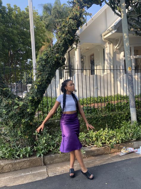 Satin Skirt Outfit #outfitinspo #purpleoutfit #satinskirt Purple Satin Skirt Outfit, Purple Satin Skirt, Satin Skirt Outfit, Satin Pencil Skirt, Outfit Collection, Dressy Casual Outfits, Purple Outfits, Purple Satin, Teenager Outfits