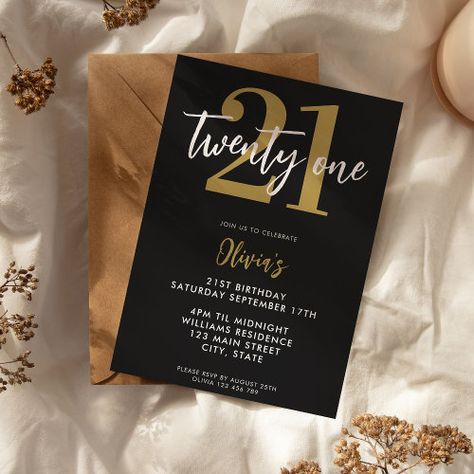 $2.92 - Modern Black and Gold Elegant 21st Birthday - 21st birthday, modern, elegant, 21st, simple, chic, minimalist, birthday invitation, typography, black gold Elegant 21st Birthday, Beer Birthday Invitations, 21st Birthday Boy, 21st Invitations, Black And Gold Invitations, Guys 21st Birthday, 92nd Birthday, Classy Wedding Invitations, 21st Birthday Party