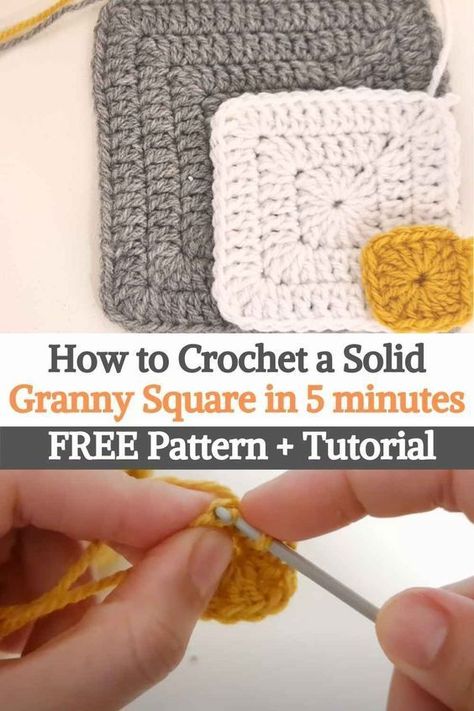 We think we all love the look of Granny Squares, they are also quick to make and very versatile. In this tutorial, we will learn how to crochet a solid Granny Square without holes, and very quickly. This drawing is super cute and easy to do. You can make them in a single color or in several different colors. You can use this pattern to make one solid blanket, or make lots of them and put them together later. You can start with a chain and slip stitch to make a ring. Or just make... Quick Crochet Squares, Crochet Granny Square Without Holes, Quick And Easy Granny Squares, Diy Crochet Squares, Modern Crochet Blanket Granny Squares, Solid Granny Square Blanket Pattern, Crochet A Square How To, Small Square Crochet Pattern, Simple Granny Squares Crochet