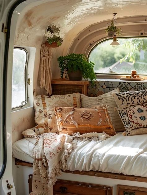 Boho Camper Bedroom, Boho Caravan Interior, Boho Camper Interior, Outdoor Bedroom Ideas, Boho Camper Van, Boho Caravan, Camper Van Interior, Boho Camper, Vintage Trailer Interior