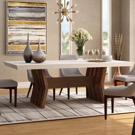 Brayden Studio Dusek Concrete Dining Table & Reviews | Wayfair Dining Table Bases Wood, Dining Table With Center Base, Solid Wood Dining Table Design, Dining Table Stand Design, Dainig Tebal Wood, Dainig Tebal Design, Daing Table Design Wood, Dainig Table Modern Wooden, Solid Wood Dining Table Modern