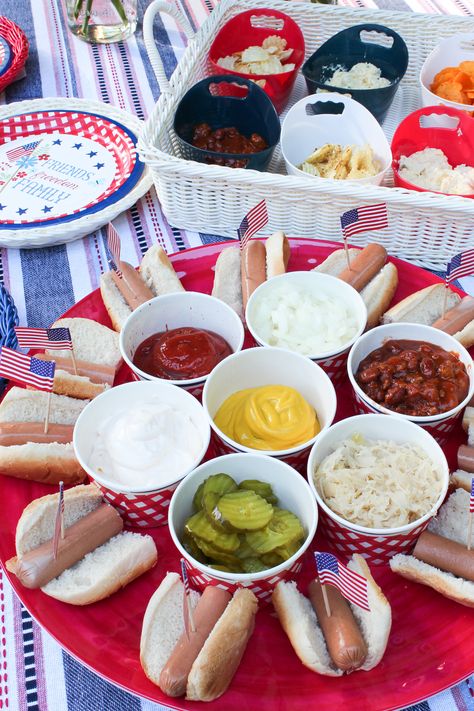 With summer right around the corner it's time to fire up the grill and get some fun summer celebrations on the calendar! That's why I am thrilled to partner with @ChristmasTreeShops to share a fun BBQ themed table setting to help inspire your summer gatherings. Really is there anything better than red, white and blue? #ChristmasTreeShops #NewTraditions #andthatfunfind #ad #EverySeasonEveryReason American Themed Party Food, Hot Dog Board, Banana Split Bar, American Themed Party, Food Set Up, Hot Dog Toppings, Hot Dog Bar, Bbq Table, Drinking Around The World