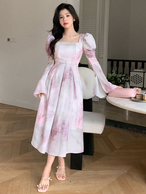 Purple Casual,Elegant Collar Long Sleeve Fabric Tie Dye,All Over Print A Line Embellished Non-Stretch  Women Clothing Cute Long Dresses Casual Korean, Korean Casual Dresses, Cute Casual Modest Outfits, Korean Dress Elegant Long, Long Western Dresses, Korean Dress Elegant, Korean Dress Casual, Korean Casual Dress, Dresses Korean Style