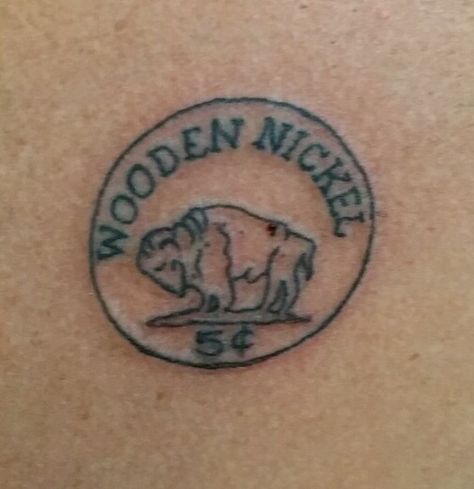 Wooden nickel tattoo Wooden Nickel Tattoo, Nickel Tattoo, Wicked Tattoos, Arm Sleeve, Tiny Tattoos, Tattoos And Piercings, Fish Tattoos, Jesus Fish Tattoo, Tatting