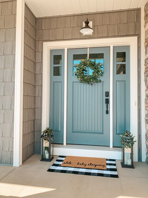 Front Door Colors With Light Red Brick, Valspar Front Door Colors, Popular Exterior House Colors 2024, Farmhouse Spring Front Porch, Garage Colors, Aqua Door, Spring Front Porch Decor, Bourne Legacy, Front Door Color